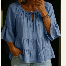 V-neck Three-quarter-sleeve Pleated Cotton-linen Blouse Top (Option: Sea Blue-M)