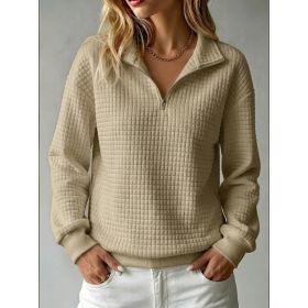 Loose-fit Waffle-knit Stand-collar Zip-up Long-sleeve Womens Sweatshirt (Option: Camel-S)