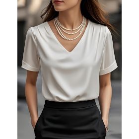 Summer Solid Color Pendant Small V-neck Short-sleeved Shirt Comfortable All-matching (Option: White-M)
