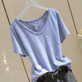 Versatile Patchwork Bamboo-cotton Thin Summer Short-sleeve Top (Option: Blue-L)