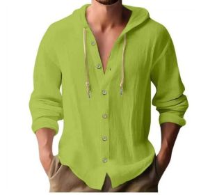 Cotton And Linen Shirt Hooded Sweater Button Long Sleeve (Option: Fruit green-XXL)