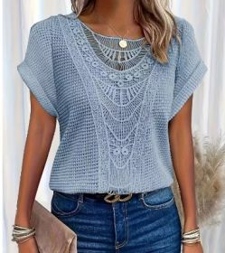 Summer Hollow Out Short-sleeved T-shirt Fashion Ethnic Style Tops Women's Clothing (Option: Sky blue-XXL)