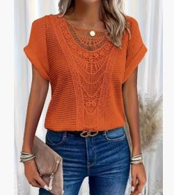 Summer Hollow Out Short-sleeved T-shirt Fashion Ethnic Style Tops Women's Clothing (Option: Orange Red 02-3XL)