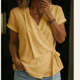 Women's Casual Lapel Collar Lace-Up Short-Sleeve Top (Option: Yellow-XL)