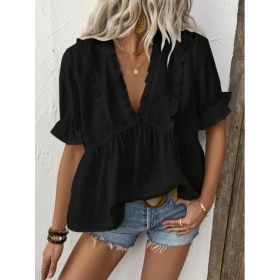 Women's Casual Solid Color Lace-trimmed V-neck T-shirt Top (Option: Black-XS)