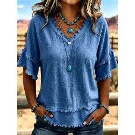Casual Women's Shirt V-Neck Short Sleeve Loose Fit Pure Color Summer Fashion Trend Pullover Tops For Daily Wear (Option: Blue-M)