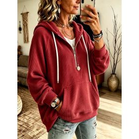 Womens Half-Placket Pullover Corduroy Hoodie (Option: Red-XL)