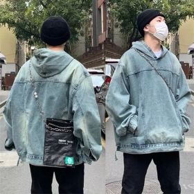 Men's Fashion Retro Hooded Denim Jacket Top (Option: Blue-L)