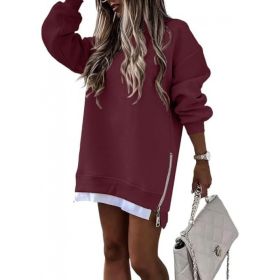 Fall Winter Fashion Stitching Side Zipper Design Pullover Sweater For Women (Option: Wine Red-M)