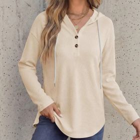 Womens V-neck Hooded Loose-fit Waffle-knit Hoodie (Option: Beige-M)