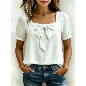 Womens Casual Square-neck Top With A Bow (Option: White-M)
