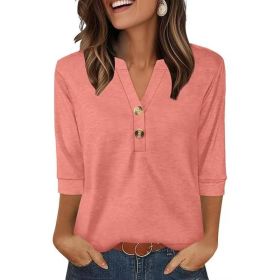Womens Plus-Size Loose V-Neck Buttoned Three-Quarter Sleeve T-Shirt (Option: Pink-M)