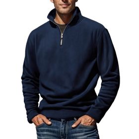 Men's Polar Fleece Top Pure Color Simple Casual Stand Collar Pullover Sweater (Option: Dark blue-M)