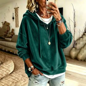 Womens Casual Solid-Color Hooded Long-Sleeve Top With Drawstring (Option: Peacock Green-M)