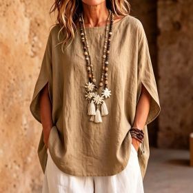 Womens Fashionable Solid-color Round-neck Loose-fit Blouse (Option: Khaki-M)