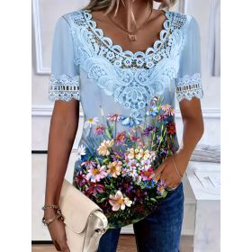 Women's Lace-Patchwork Crew-Neck Short-Sleeve T-Shirt (Option: 07313color-M)