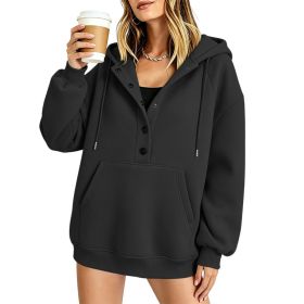 Women's Casual Solid-color Loose-fit Long-sleeve Hooded Sweatshirt With Pockets (Option: Black-M)