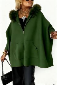 Ins Plush Hooded Cardigan Fashion Warm Pockets Zip-up Knitted Jacket Casual Outerwear Batwing Sleeve Sweater Women's Clothing (Option: Green-M)