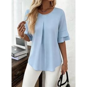 Loose-fit Ruffled Three-quarter-sleeve Blouse For Women (Option: Sky blue-M)