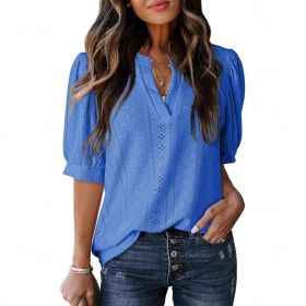 Women's Summer Business Casual Blouse V-neck Short Sleeve Shirt (Option: Blue-M)