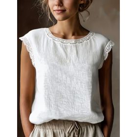 Loose Solid-Color Crew-Neck Lace Sleeveless Cotton-Linen Shirt (Option: White-M)