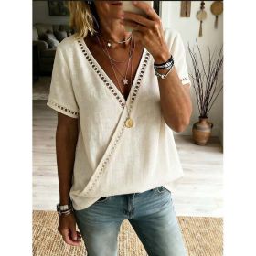 Casual Patchwork Hollow-Out Lace V-Neck Short-Sleeve Top (Option: Apricot-M)