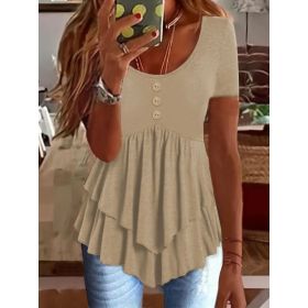 Fashion Three-button Casual Solid Color Short Sleeve (Option: Khaki-M)