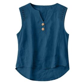 Solid-color V-neck Hollow-out Button Cotton-linen Short-sleeve Top Shirt (Option: Navy Blue-L)