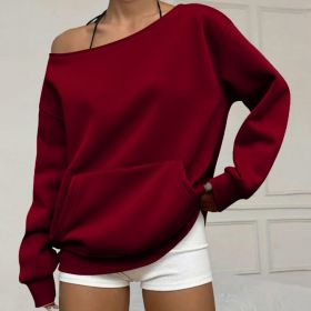 Fashionable Pullover Crew-Neck Off-Shoulder Sweatshirt For Women (Option: Wine Red-M)