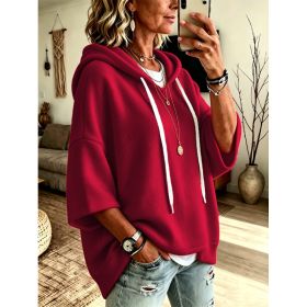 Womens Loose-fitting Hooded Top With Three-quarter Sleeves (Option: Red-M)
