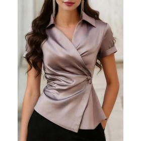 Elegant Commuter Cross V-Neck Defined Waist Pleated Short Sleeve (Option: Lotus Root Color-M)