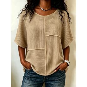 Womens Casual Patchwork Short-sleeve Top (Option: Khaki-S)