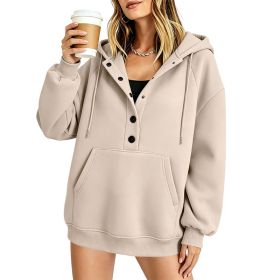 Women's Casual Solid-color Loose-fit Long-sleeve Hooded Sweatshirt With Pockets (Option: Khaki-M)