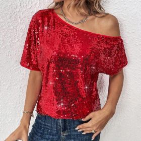 Womens Casual Solid-Color Loose Off-Shoulder Sequin T-Shirt (Option: Red-M)