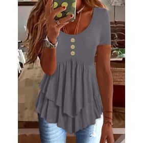 Fashion Three-button Casual Solid Color Short Sleeve (Option: Gray-M)