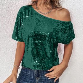 Womens Casual Solid-Color Loose Off-Shoulder Sequin T-Shirt (Option: Green-M)