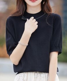 Half-high Collar Women's Versatile Thin Knit Top (Option: Black-M)