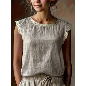 Loose Solid-Color Crew-Neck Lace Sleeveless Cotton-Linen Shirt (Option: Khaki-M)