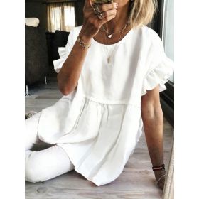 Solid-color Crewneck Short-sleeve Ruched Womens Top (Option: White-M)
