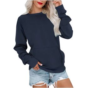 Women's Pin Solid Color Round Neck Loose Long-sleeved Sweater (Option: Navy Blue-M)