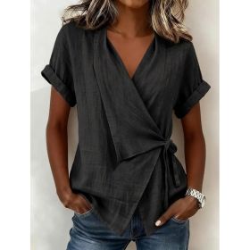 Women's Casual Lapel Collar Lace-Up Short-Sleeve Top (Option: Black-M)
