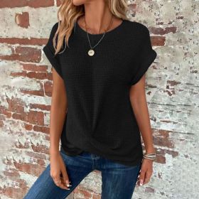 Short-sleeved Waffle T-shirt Summer New Solid Color Crew Neck Top For Womens Clothing (Option: Black-M)