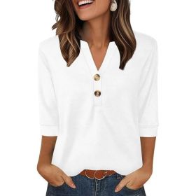 Womens Plus-Size Loose V-Neck Buttoned Three-Quarter Sleeve T-Shirt (Option: White-M)