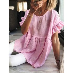 Solid-color Crewneck Short-sleeve Ruched Womens Top (Option: Pink-M)