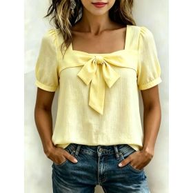 Womens Casual Square-neck Top With A Bow (Option: Yellow-M)