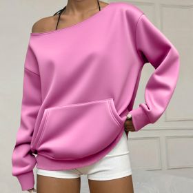 Fashionable Pullover Crew-Neck Off-Shoulder Sweatshirt For Women (Option: Pink-M)