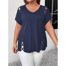 Women's European And American V-neck Cross-strap Short-sleeved T-shirt (Option: Navy Blue-1XL)
