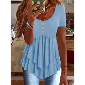 Fashion Three-button Casual Solid Color Short Sleeve (Option: Sky blue-M)