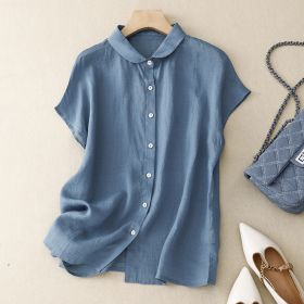 Cotton-Linen Plus-Size Loose Artistic Small Turn-Down Collar Shirt (Option: Blue-L)