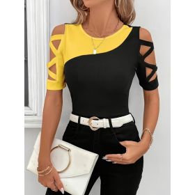 Slim-fit Contrast-color Hollow-out Top Multicolor Fashionable And Versatile (Option: Black And Yellow-1XL)